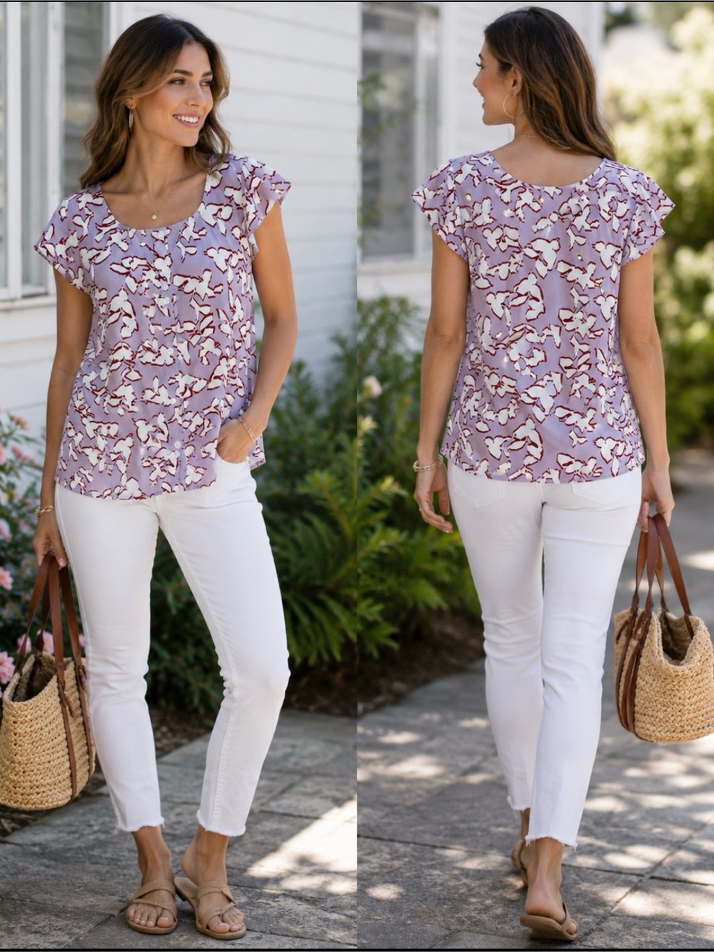 Nordstrom Halogen Purple and White Print Square Neck Flutter Sleeve Top Size 1X